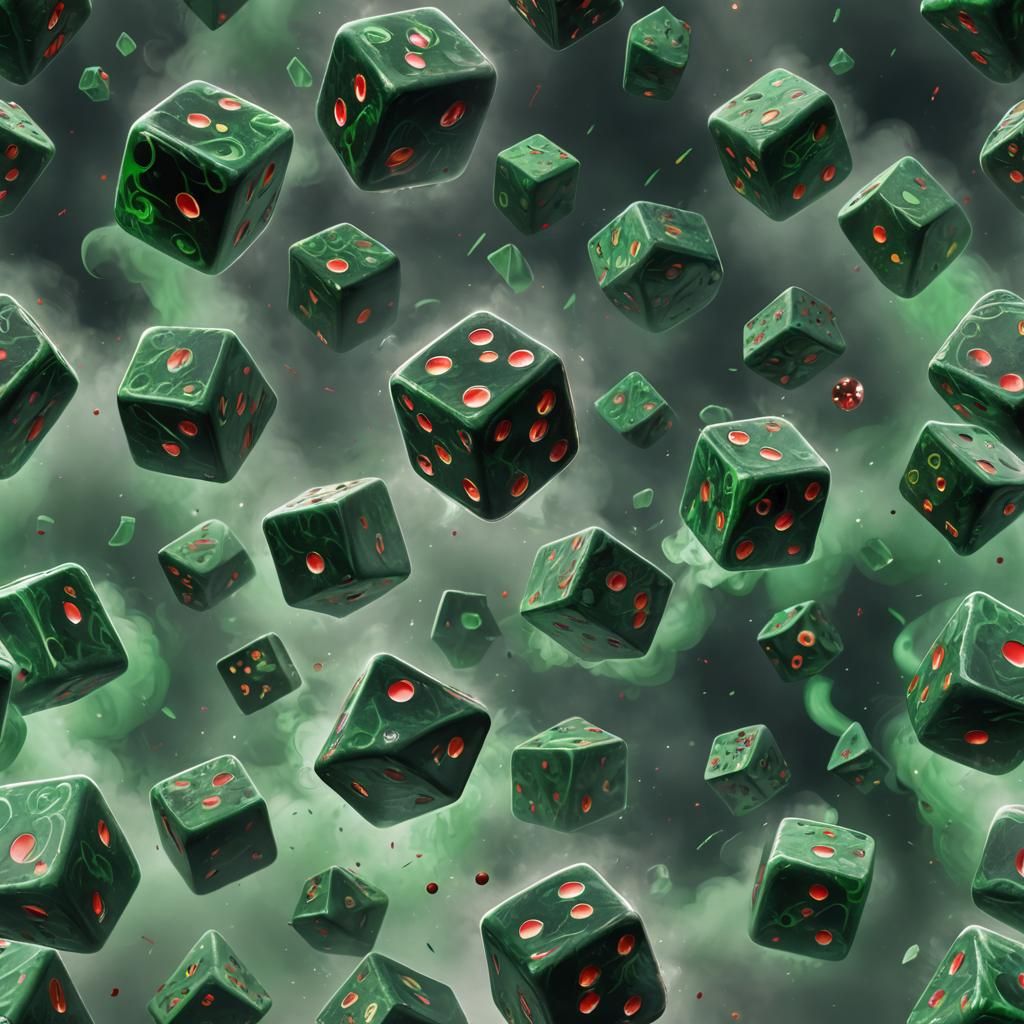 A dice that has green smoke coming out of it and has red dot...