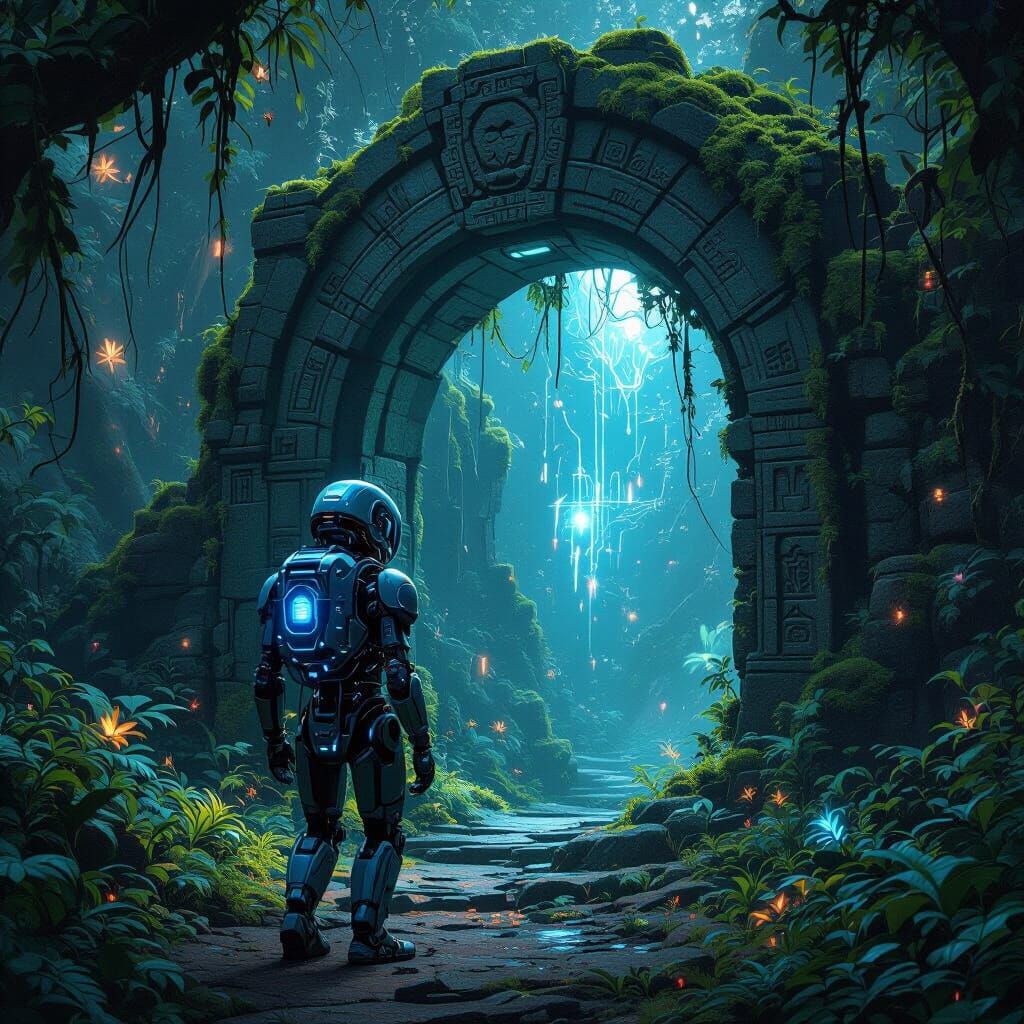 Robotic Explorer in Bioluminescent Alien Jungle