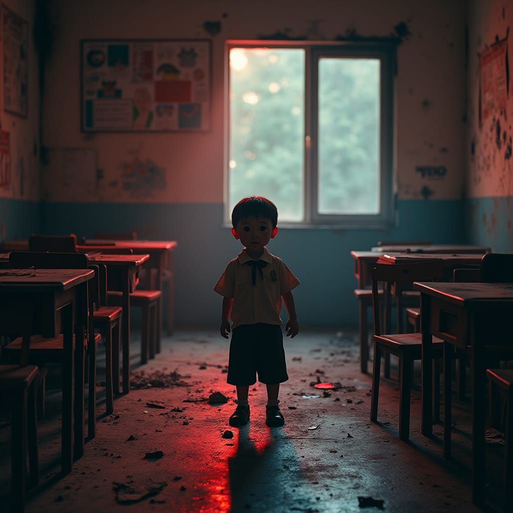 Desperate Boy in Abandoned School: Dystopian Surrealism