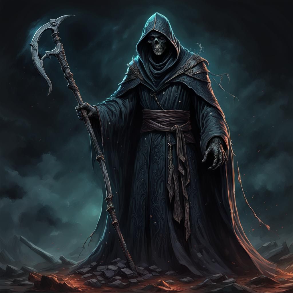 Dark Mystery Death Figure with Scythe in Matte Painting