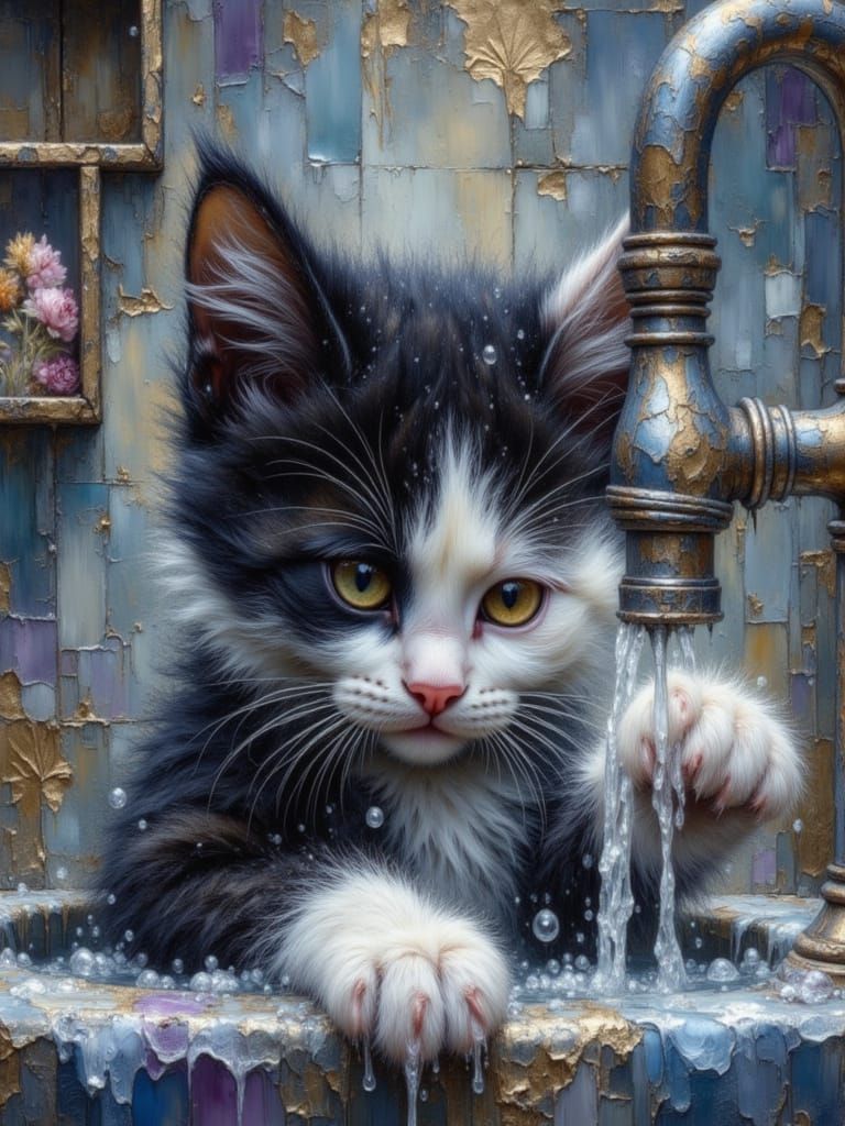 Fuzzy Kitten Bathing in Cobalt and Purple Water with Gold Ac...