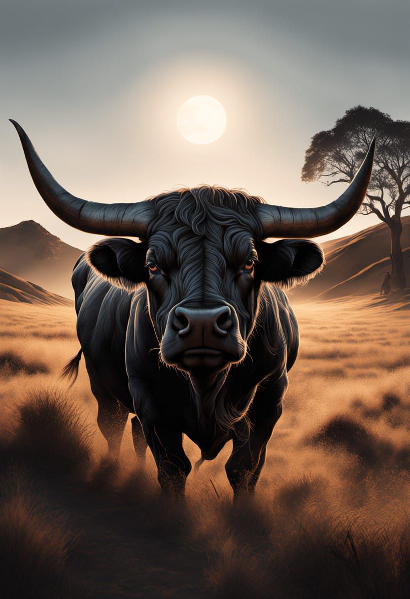 Majestic Bull in Stark Black and White Ink Pen Silhouette