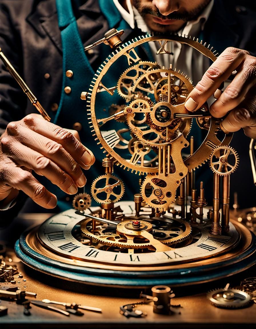 Surreal Clockmaker Crafting Time in Dreamlike Workshop