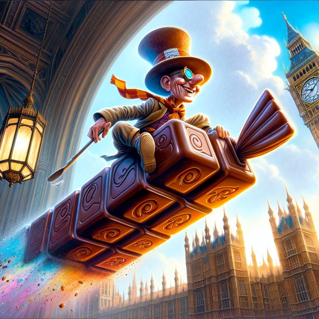 Candy Maker's Flight Over London in Splash Art Style