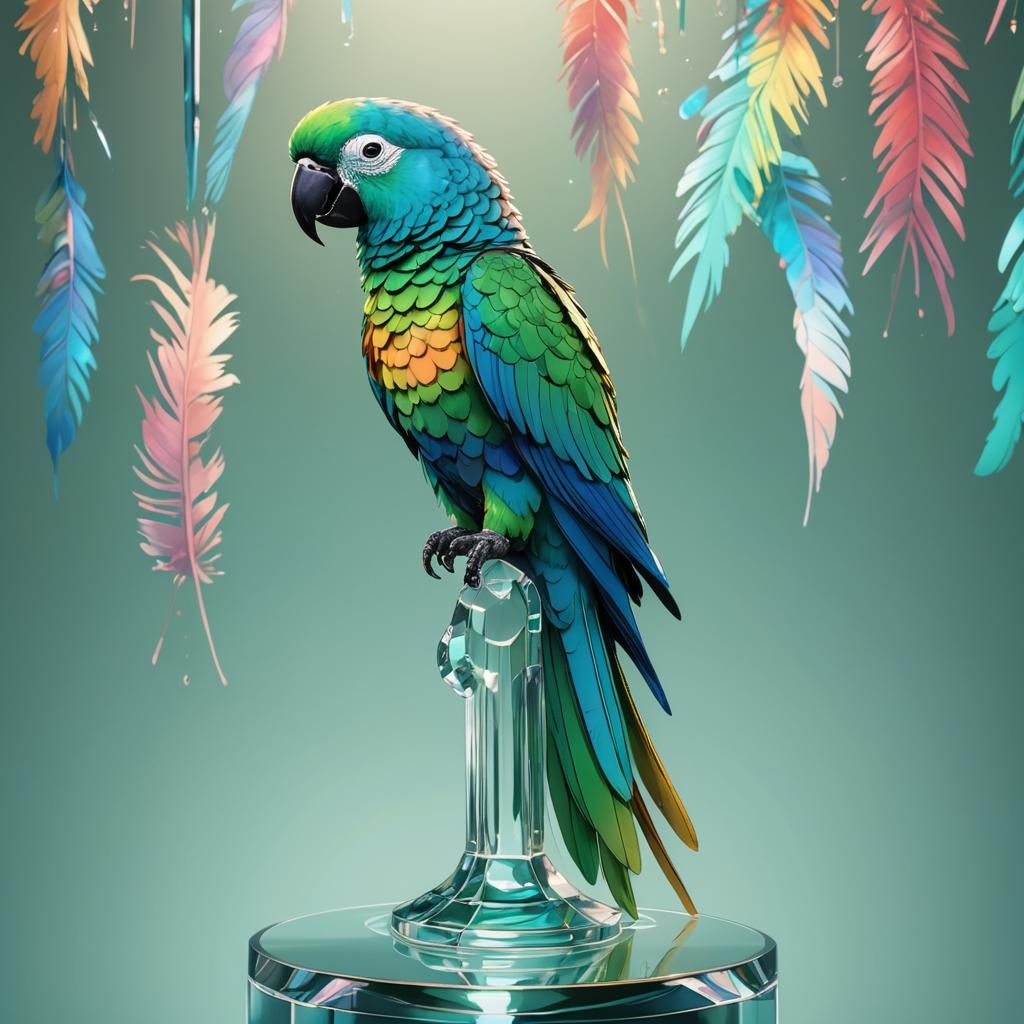 Anime Parrot on Glass Pedestal in Cel-Shaded Style