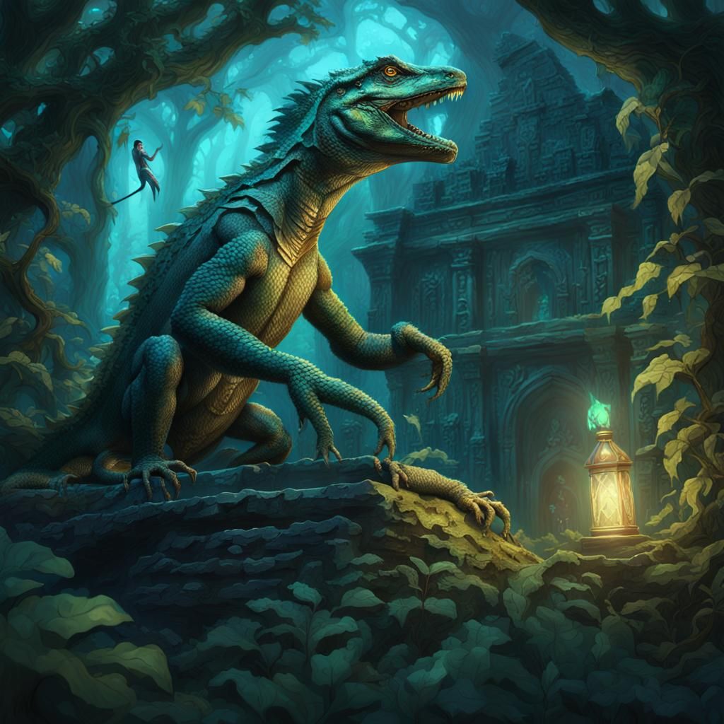 Lizardfolk Thief in Mystical Forest Ruins