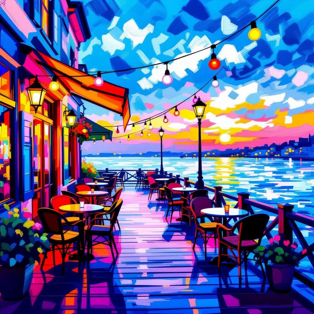 Whimsical Waterfront Cafe in Vibrant Impressionistic Style