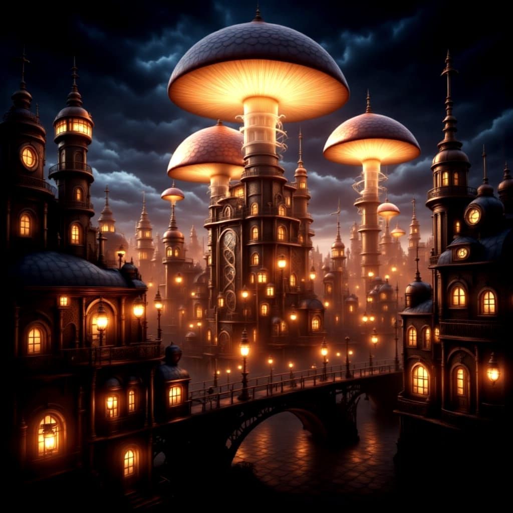 Steampunk Cityscape with Bioluminescent Mushrooms at Twiligh...