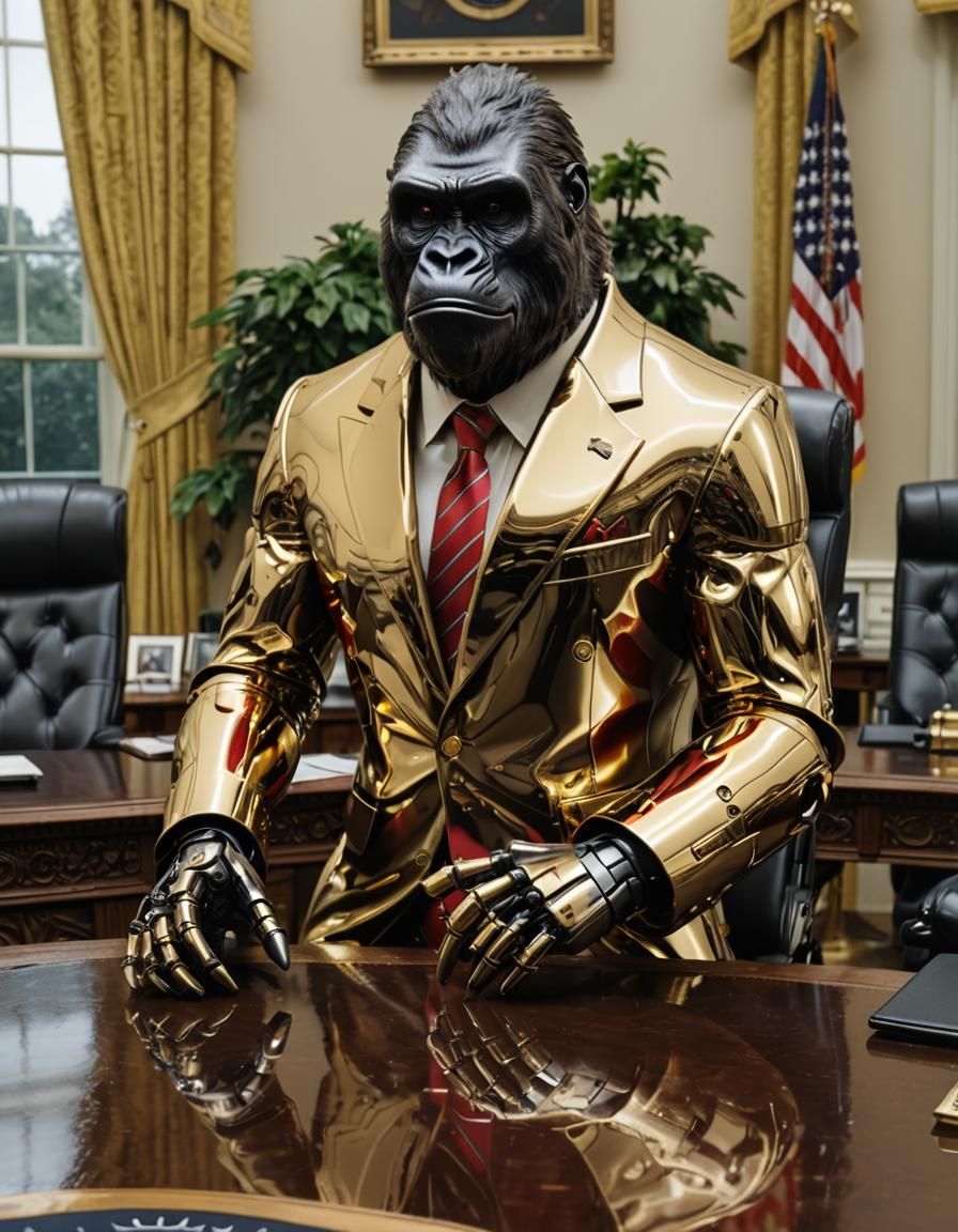 Robot Gorilla in Oval Office: Chrome and Gold