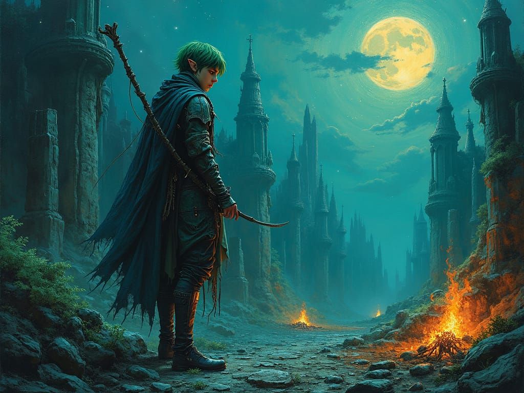 Wood Elf Hunter in Orcish War Camp: Sfumato Style