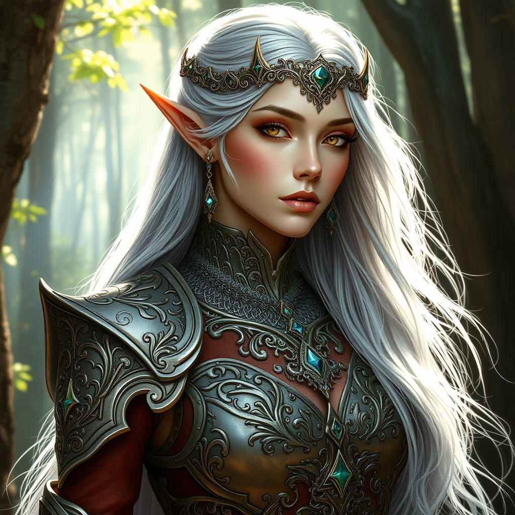 Ethereal Elven Woman in Forest, Art Nouveau Style