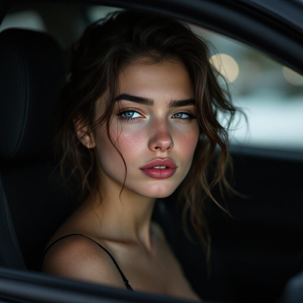 Brunette Woman Duckface Selfie in Car with Cinematic Lightin...