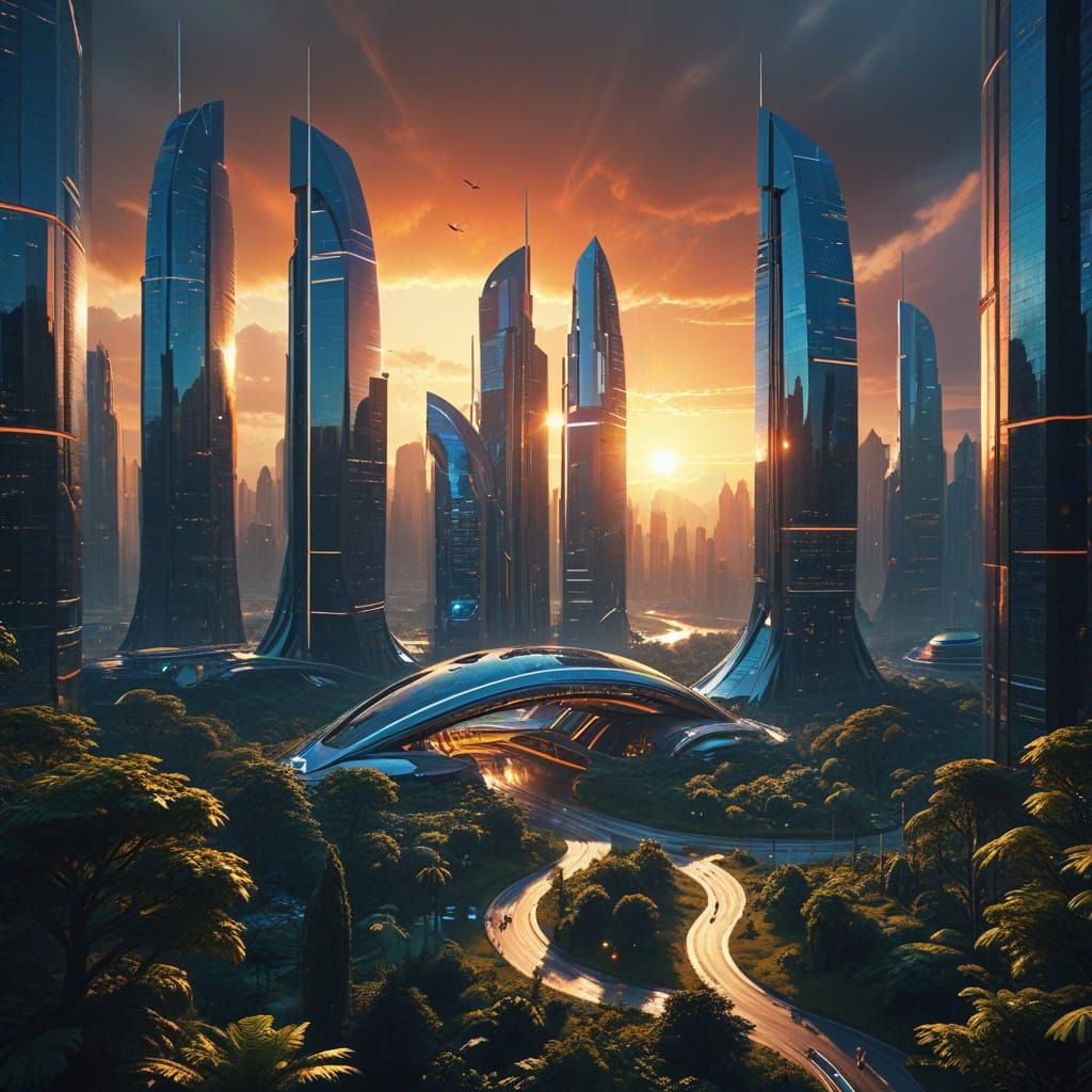 Futuristic Cityscape with Nature, Golden Hour
