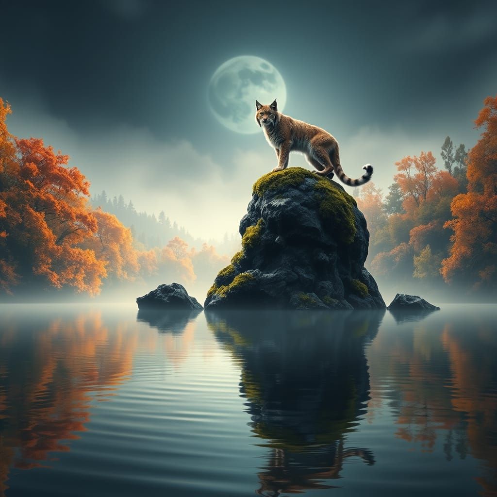 Moonlit Lynx on Ancient Stone Head in Autumn Lake
