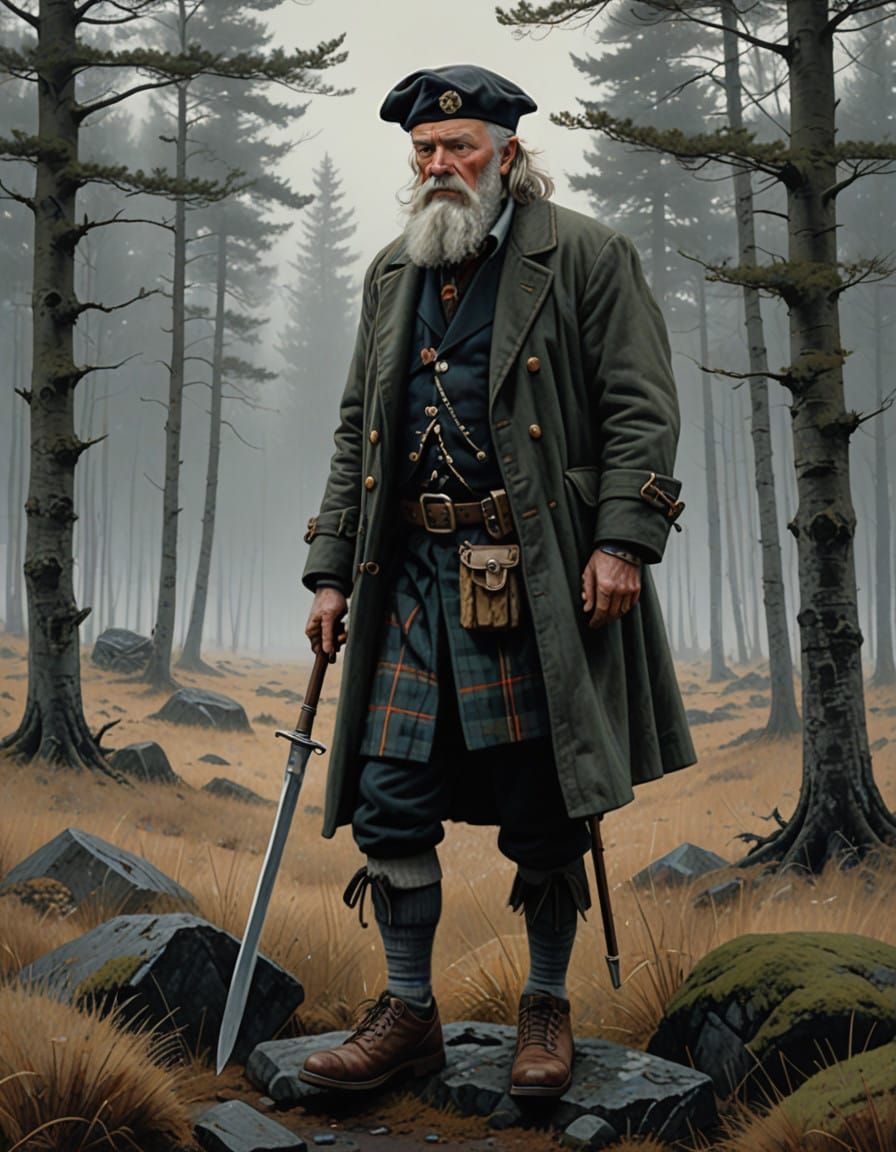 Elderly Scottish Highlander in Traditional Attire with Sgian...
