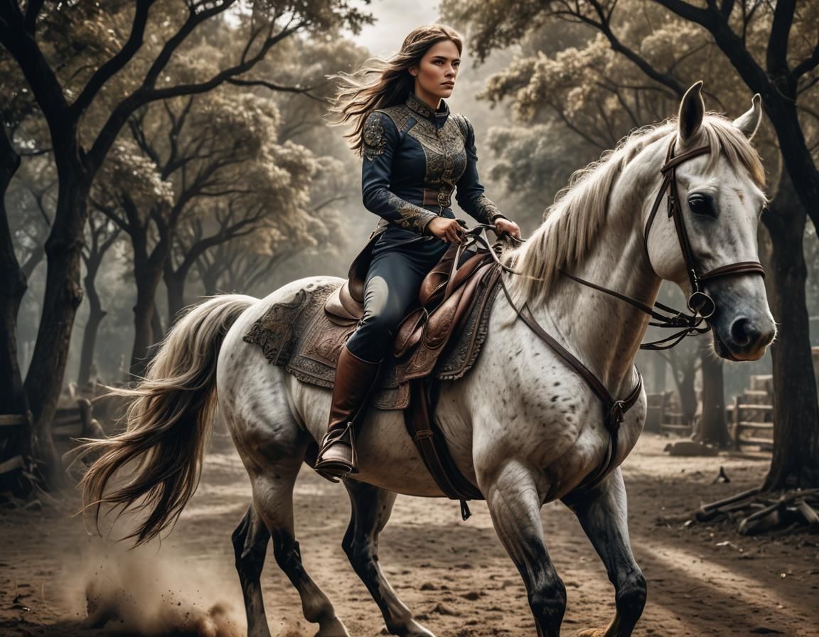 Beautiful Girl Riding Horse in Hyperrealistic Style