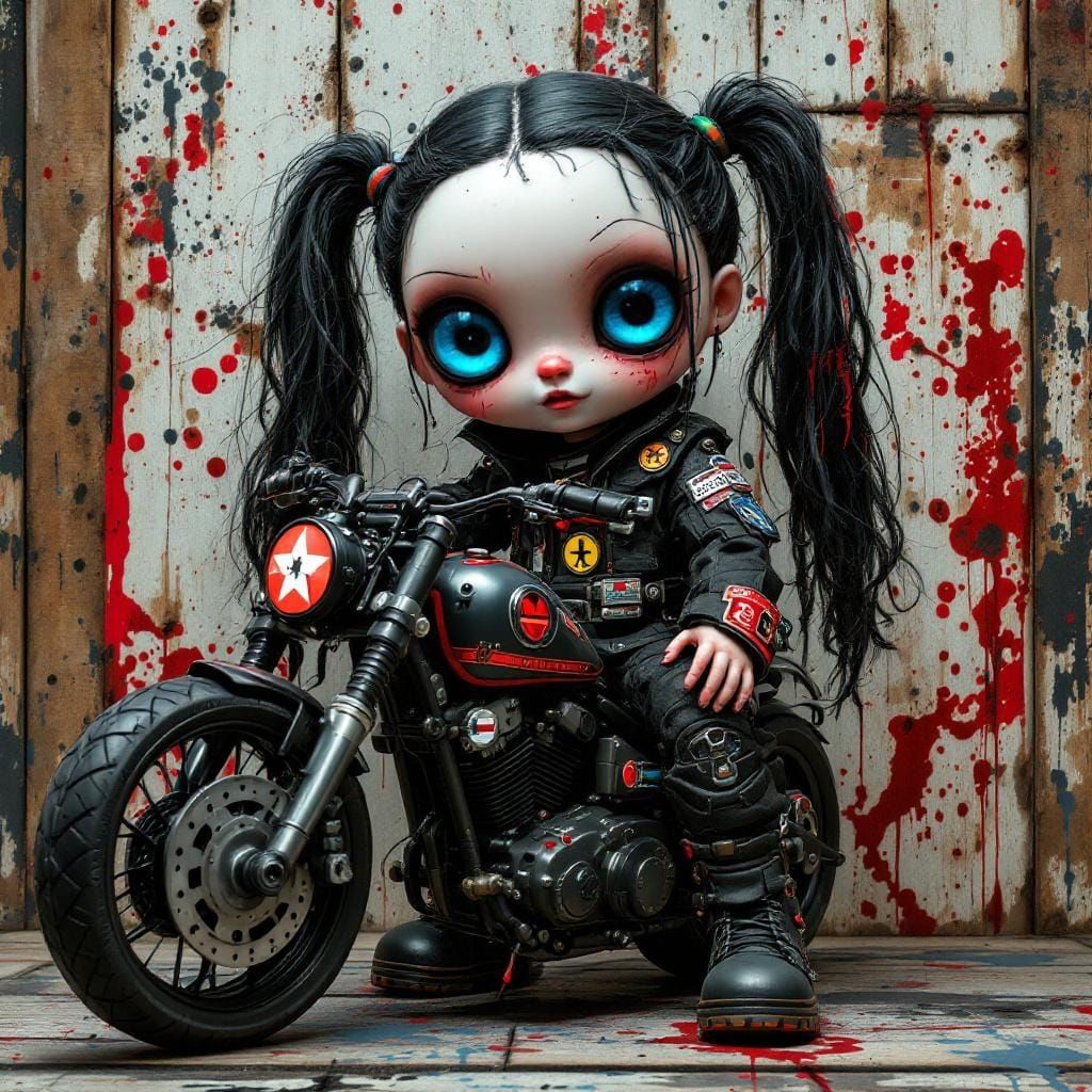 Hyperrealistic Cyberpunk Doll on Toy Motorcycle