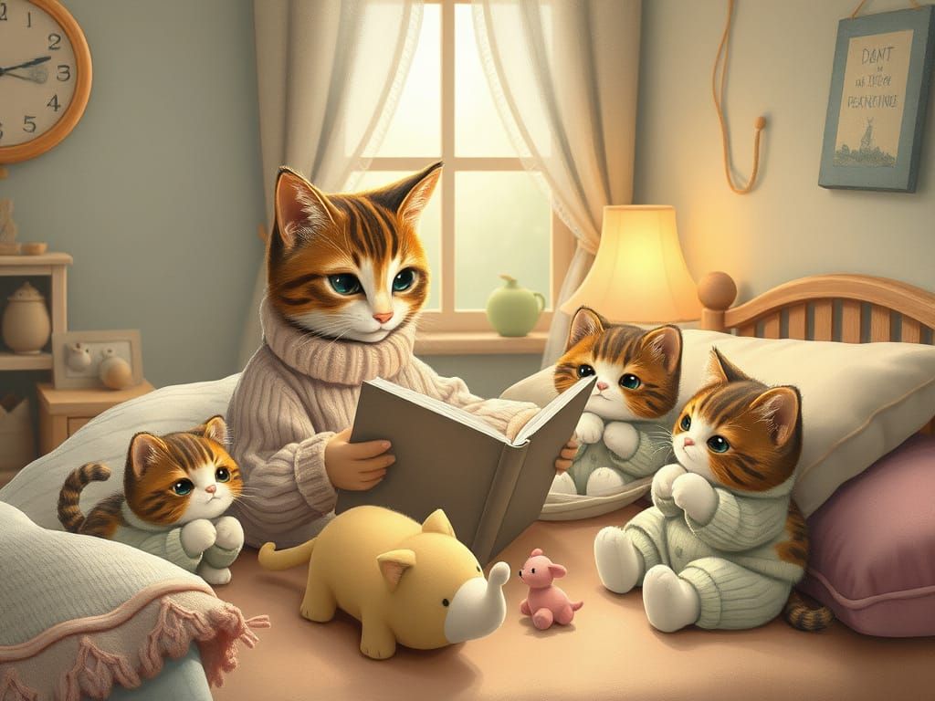 Whimsical Cat Reads Bedtime Stories to Kittens in Cozy Bedro...
