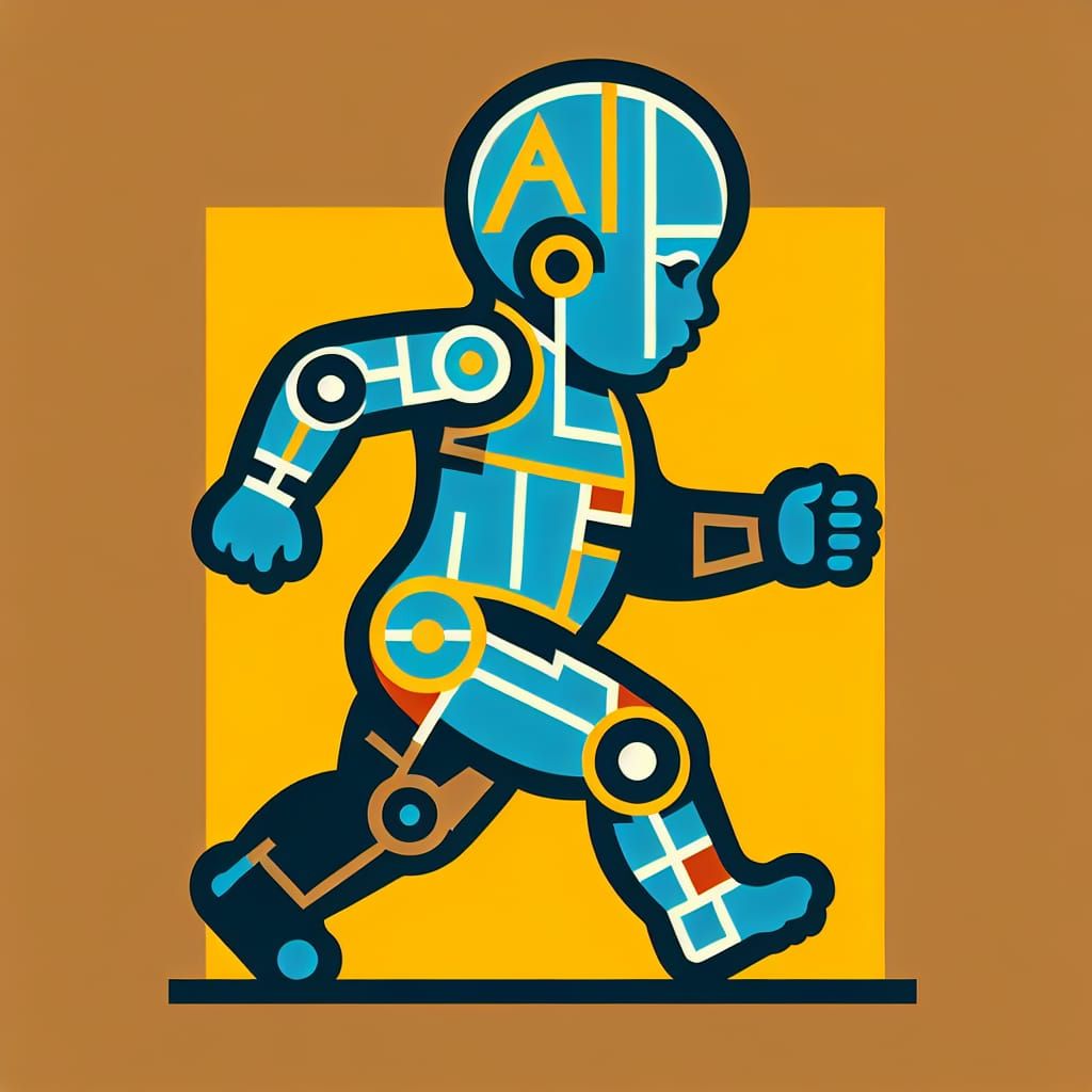 Cyborg Baby's First Steps in Suprematism Style