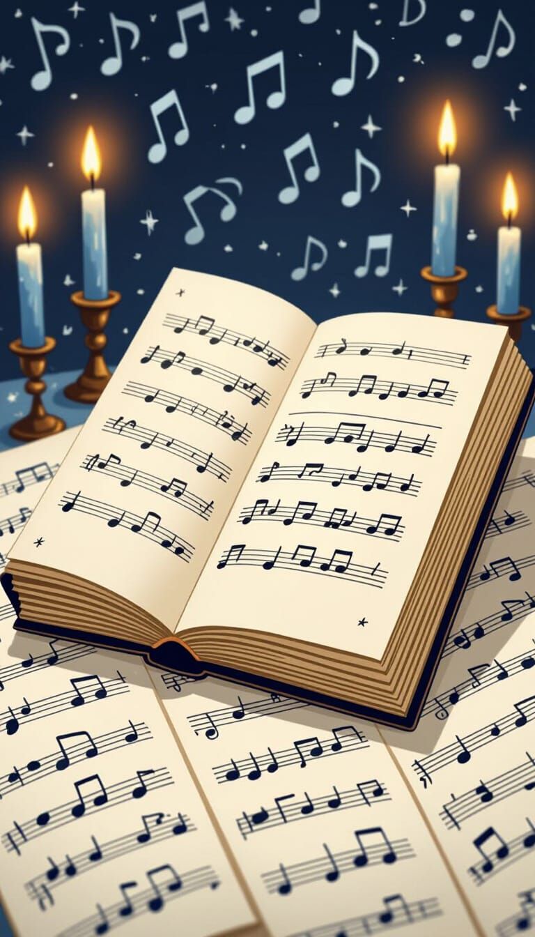 Festive Hanukkah Songbook with Musical Notes and Candlelight