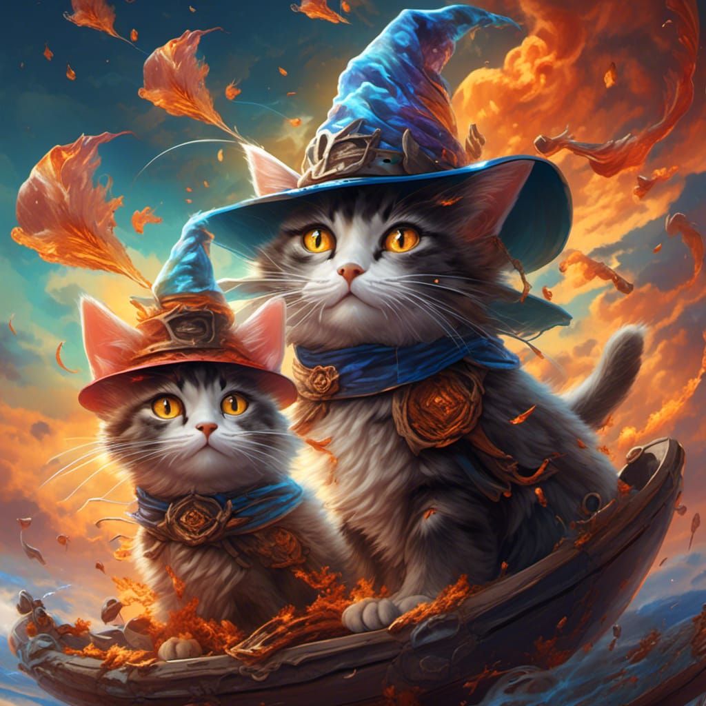 Hyperrealistic Cats with Witch Hats Concept Art