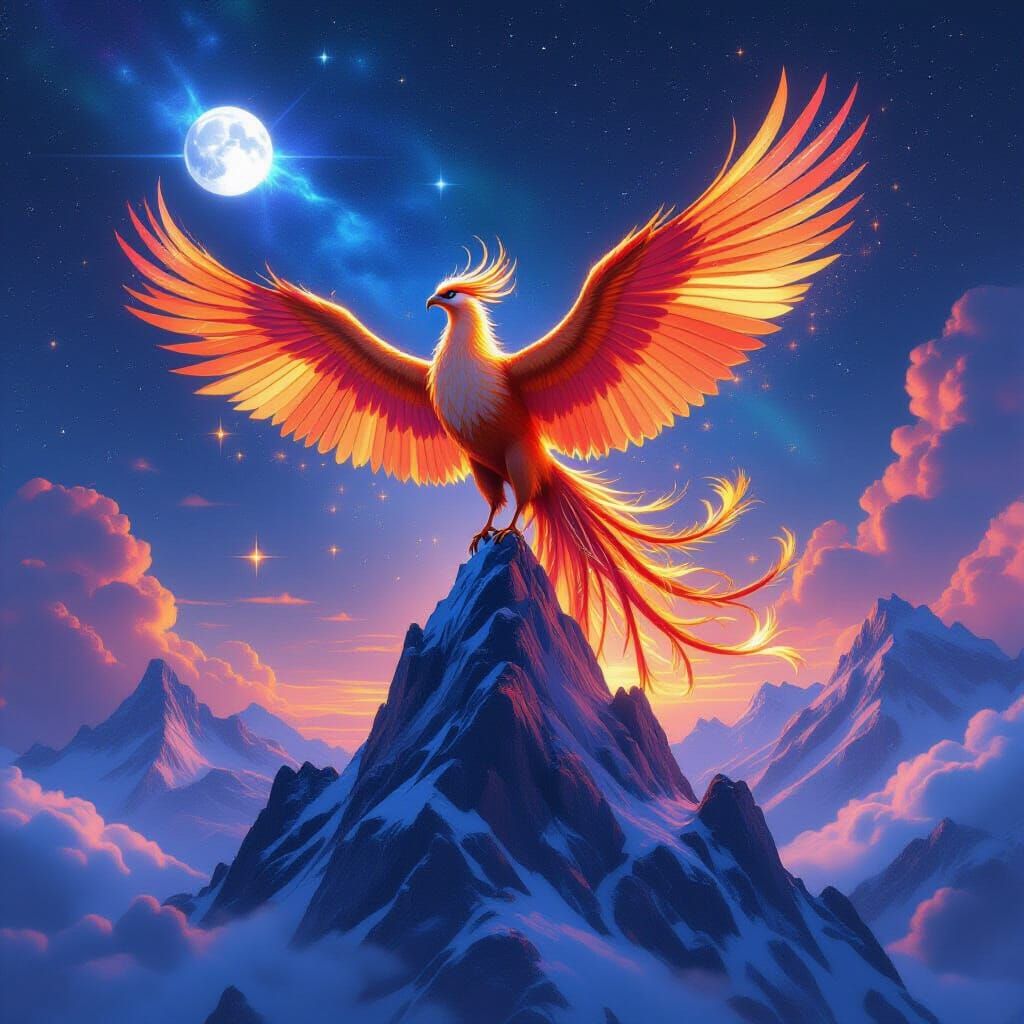 Majestic Phoenix on Crystalline Peak in Cosmic Fantasy Art