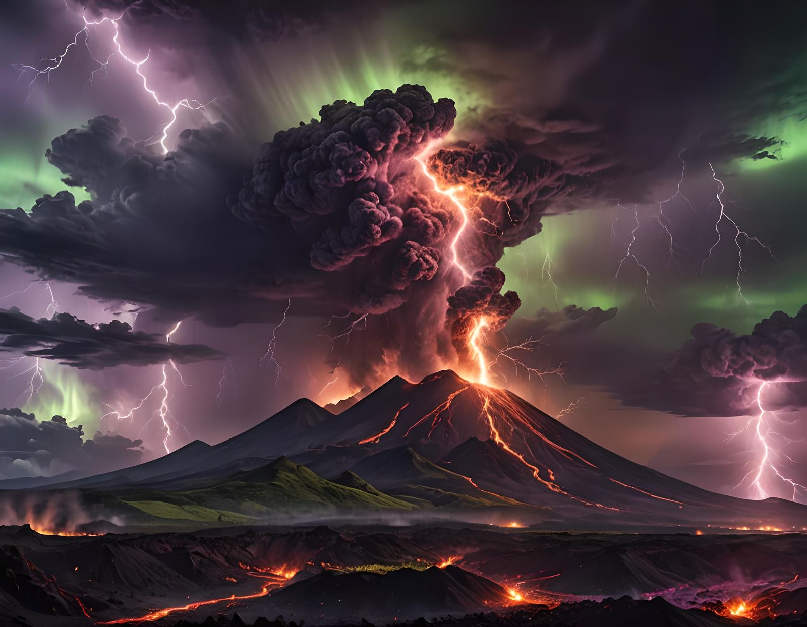 Volcanic Eruption Under Aurora and Lightning