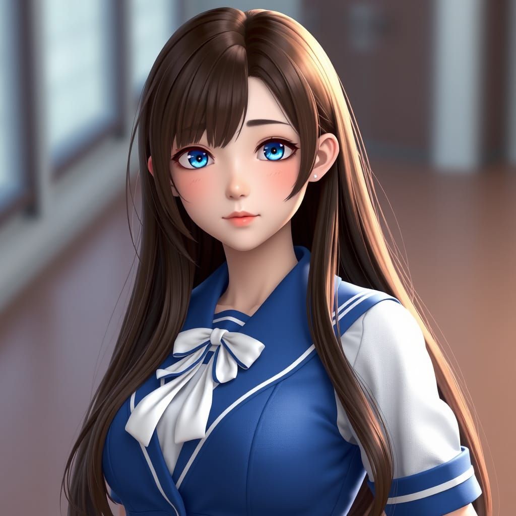 Japanese High School Girl in Elegant Blue Uniform