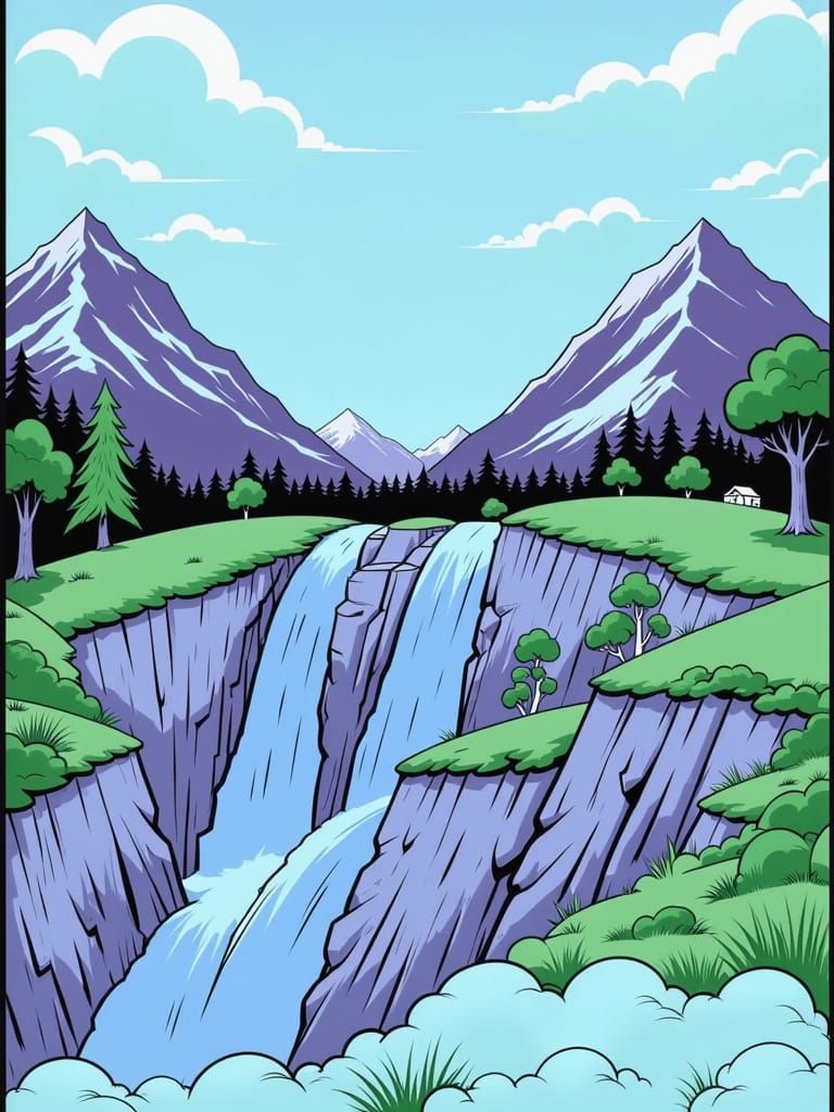 Cartoon Mountainside Scene in 1920s Style