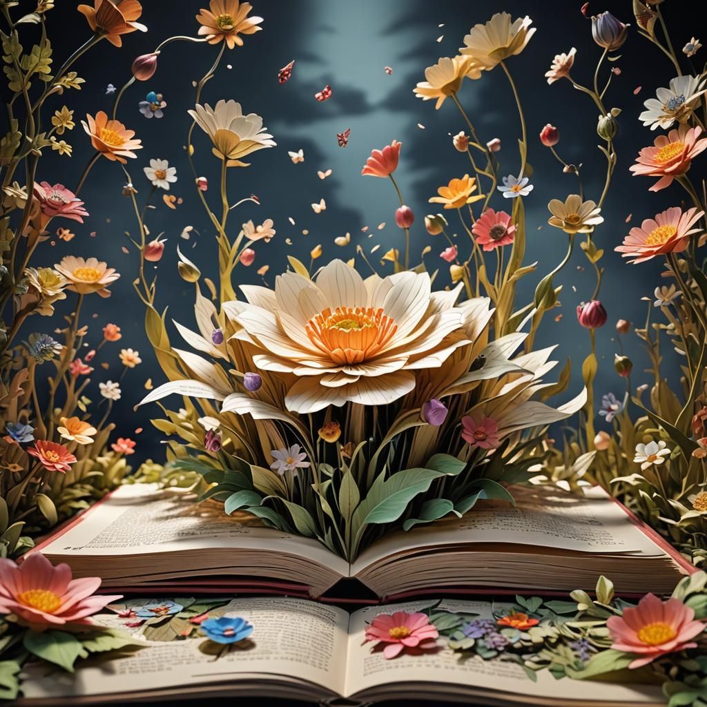 Hyperrealistic Pop-Up Book World with Flowers