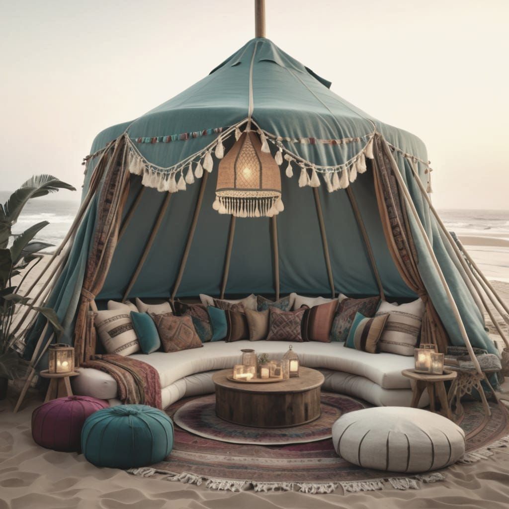 Boho Gypsy Glamping Tent on Seashore, Photorealistic