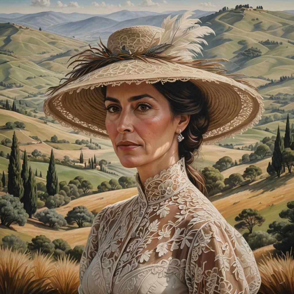 Elegant Portrait Painting of Woman in Italian Countryside