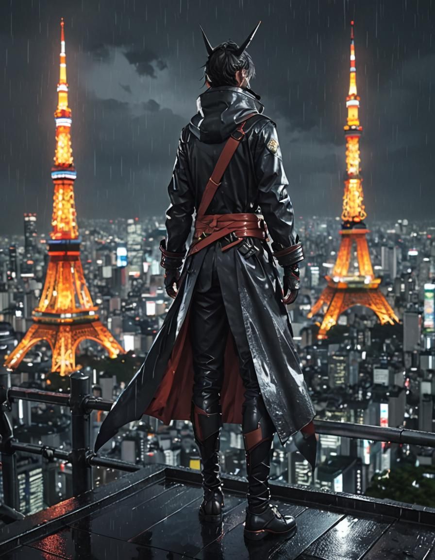 Anime Assassin on Tokyo Tower in Rain