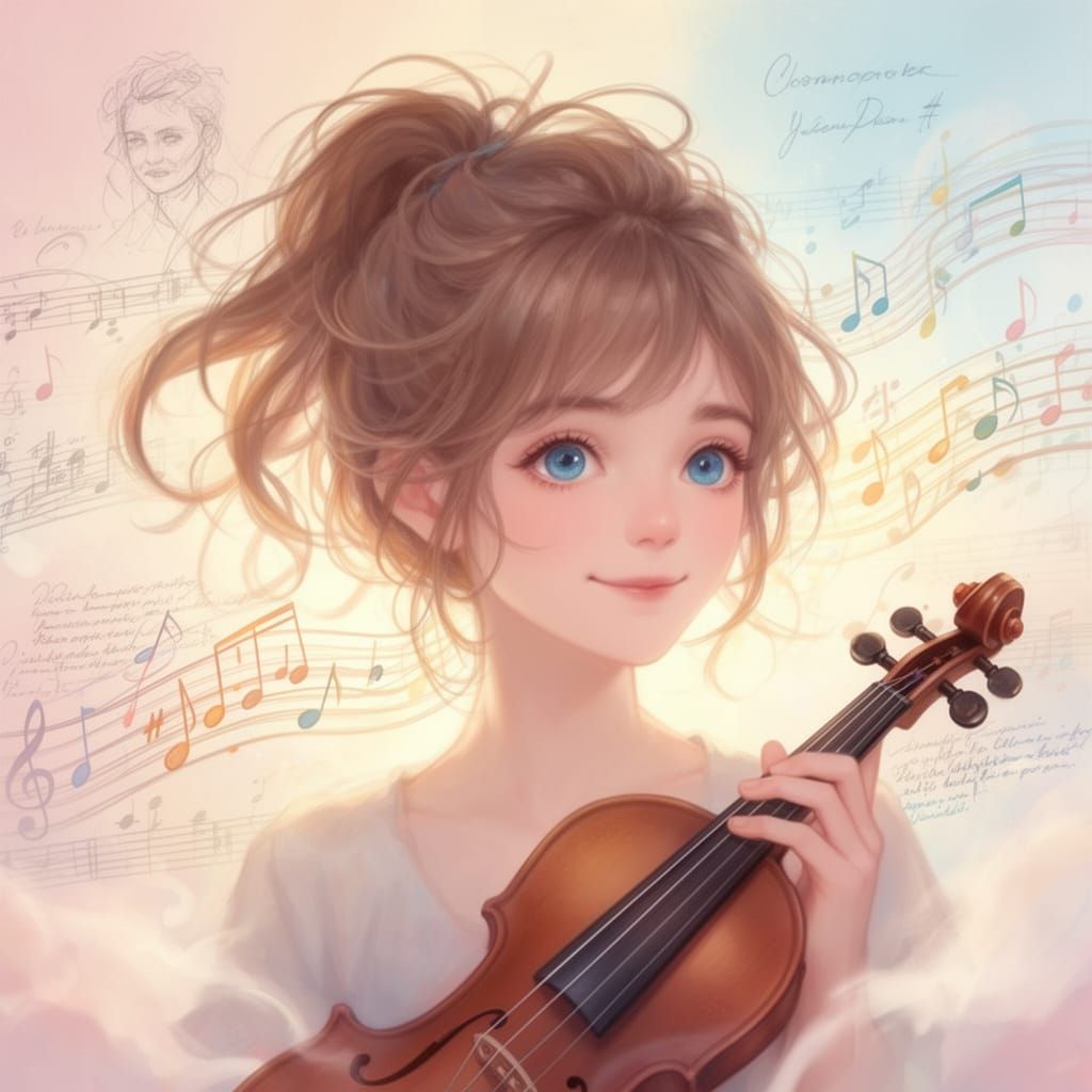 Teenage Girl with Violin in Pastel Dreamscape