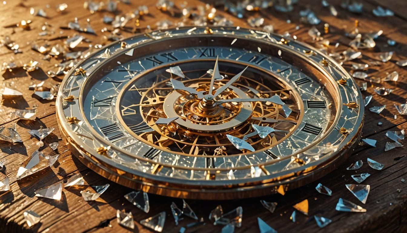 Surreal Shattered Clock in Golden Hour Light