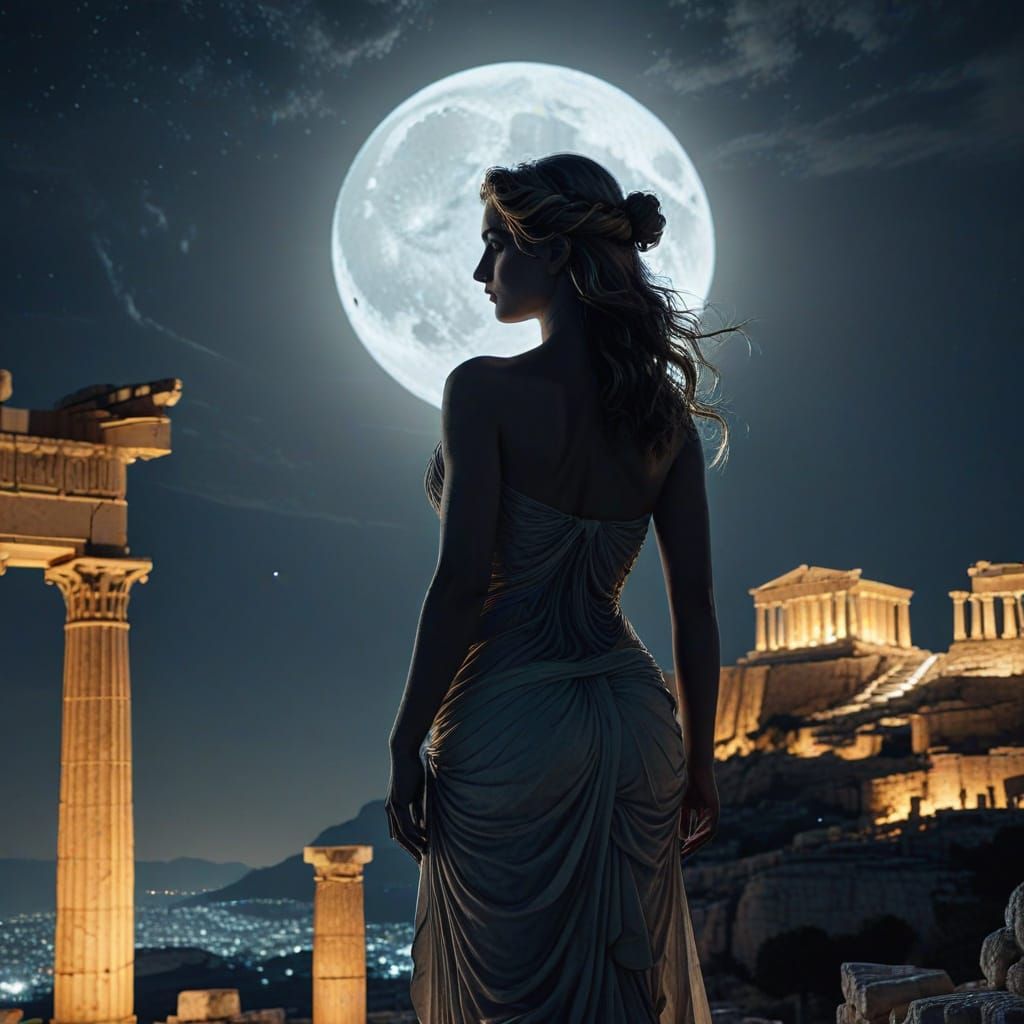 Aphrodite Silhouette at Acropolis in Hyperrealistic Style