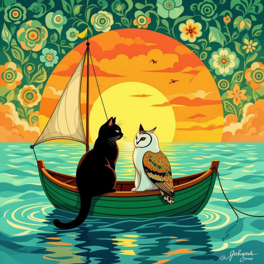 Whimsical Cat and Owl Sailboat at Sunset