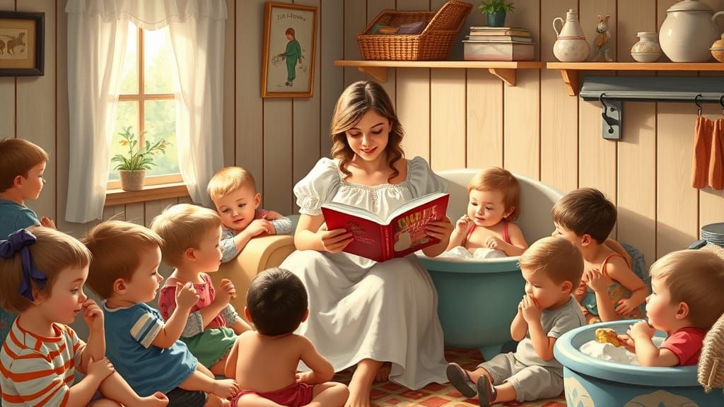 Motherly Love in a Vibrant Nursery Scene