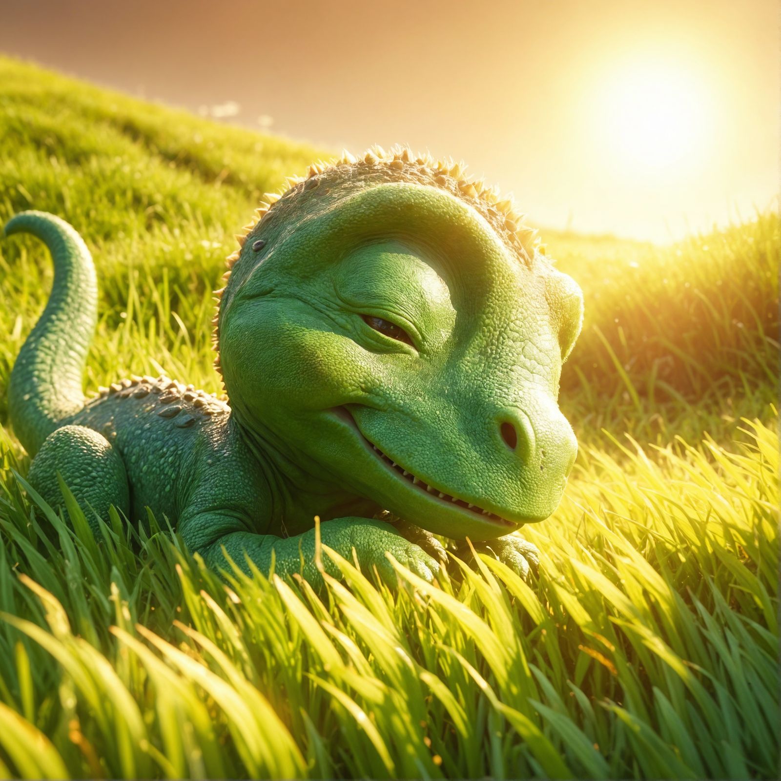 Adorable Baby Dinosaur Asleep in Sunny Grassland