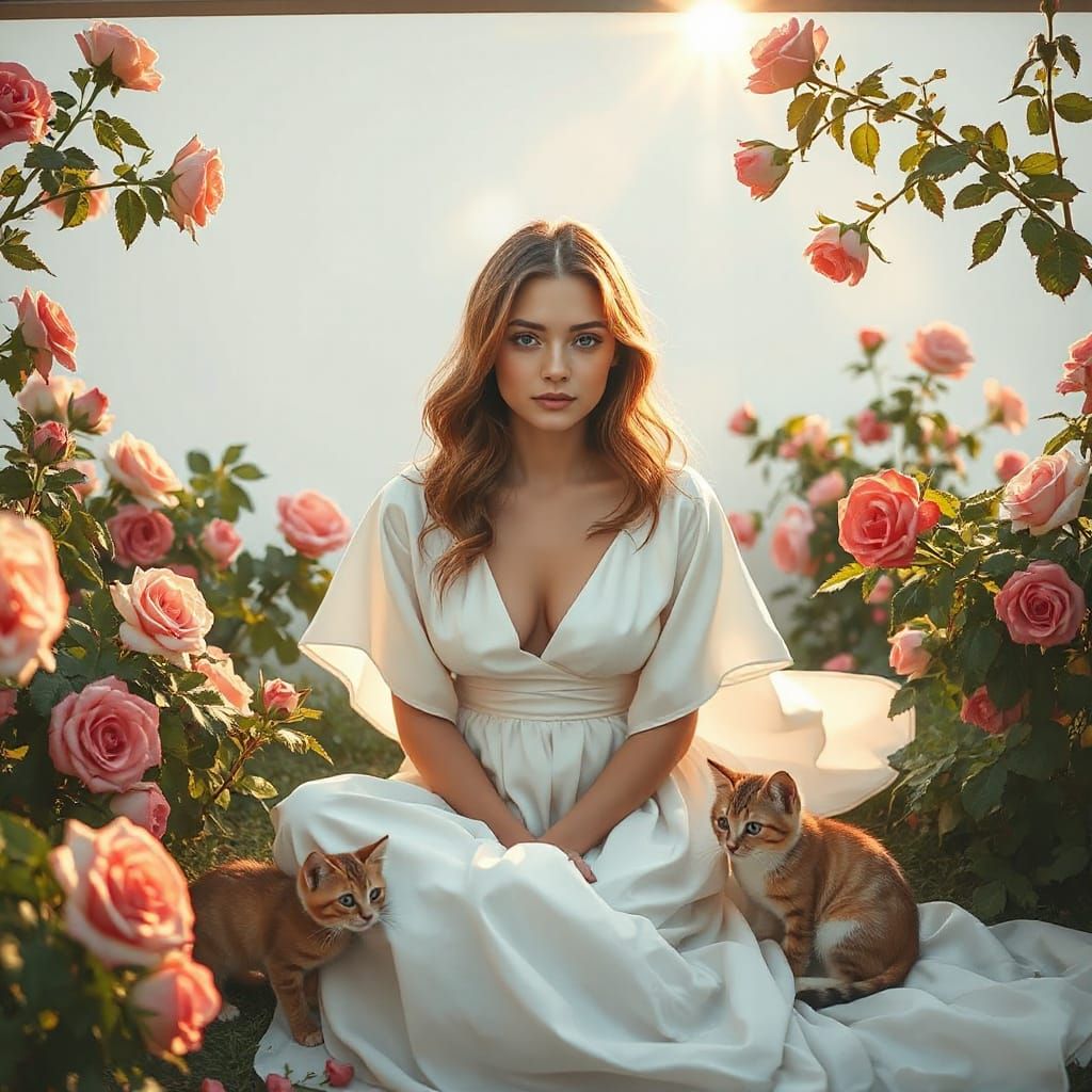 Serene Woman in Garden with Roses and Kittens