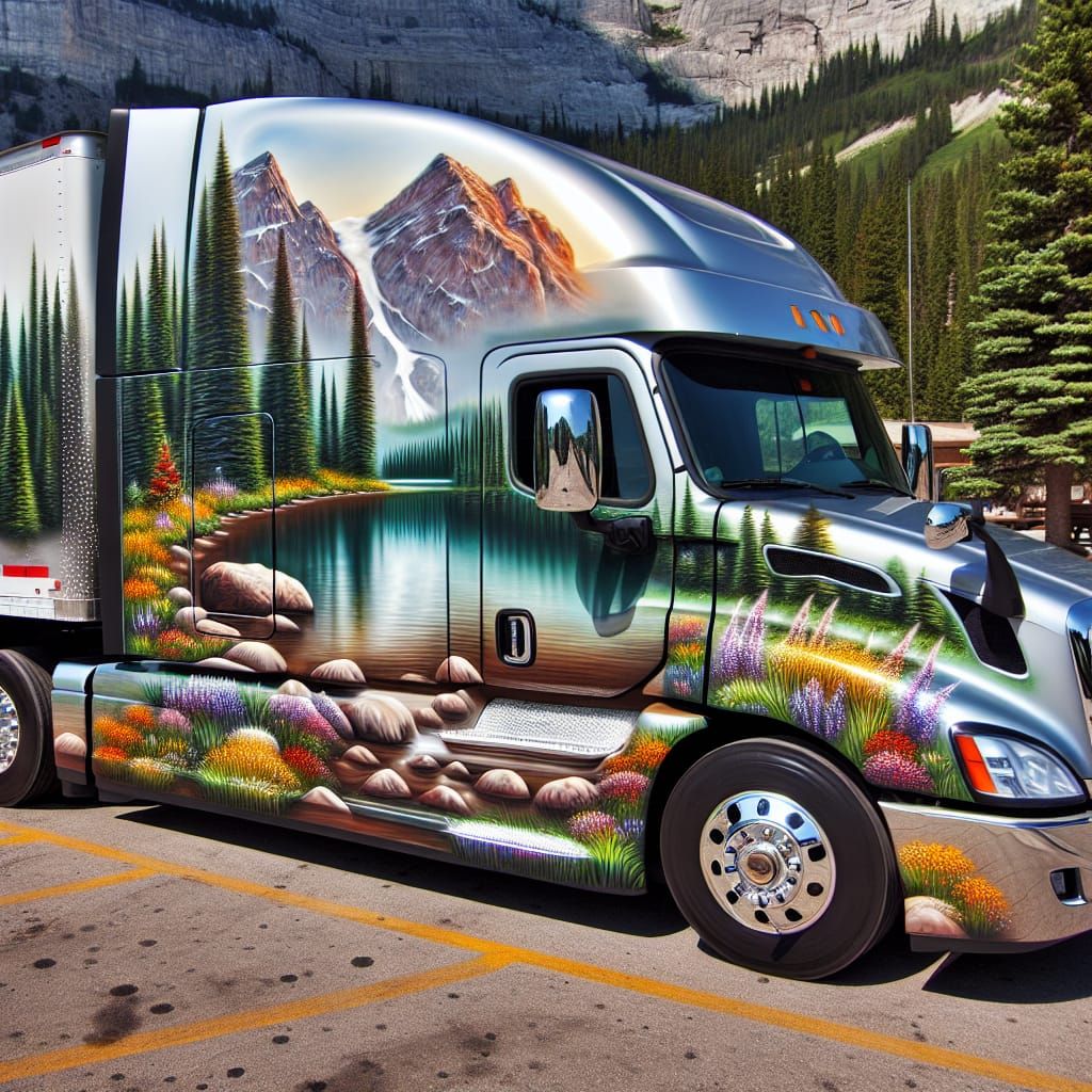 Semi-Truck with Mountain Lake Airbrush Art
