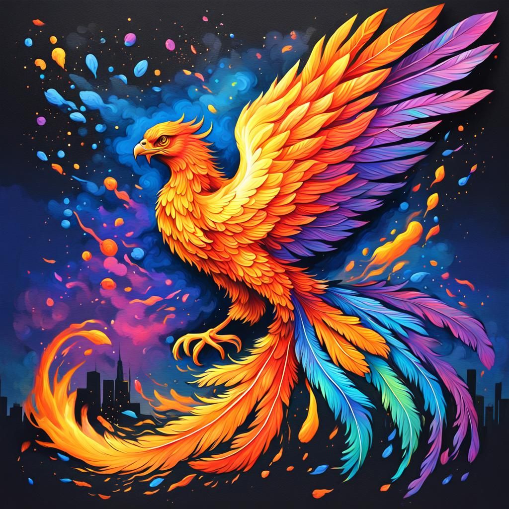 Fiery Phoenix Soaring: Graffiti Art in Night Sky