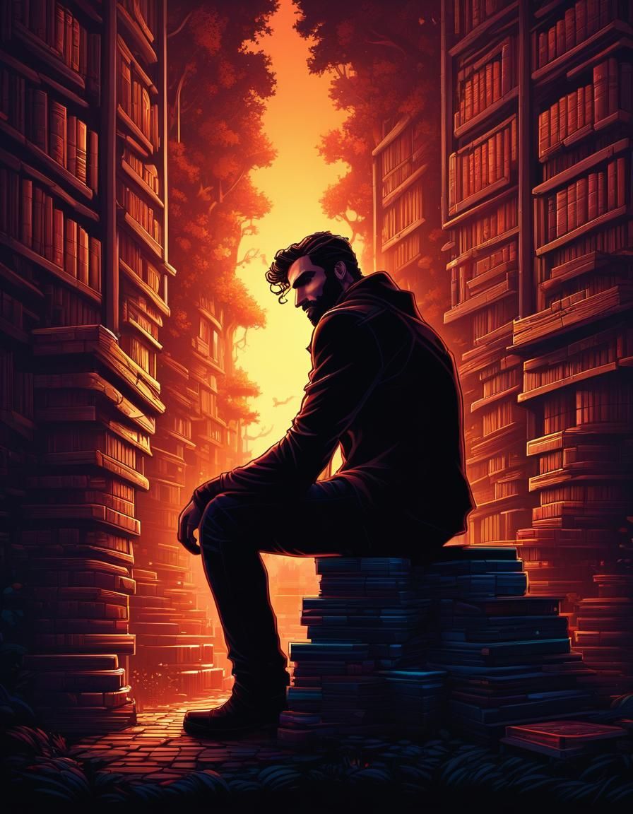 Silhouette Man Among Giant Books in Pixel Art