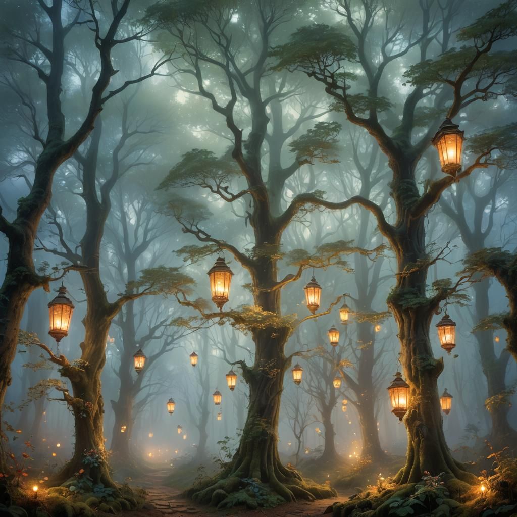 Ethereal Misty Forest with Luminescent Trees