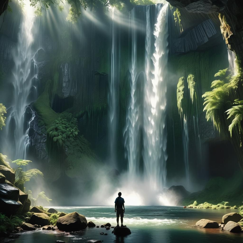 Hyperrealistic Waterfall Cave: Digital Art Landscape