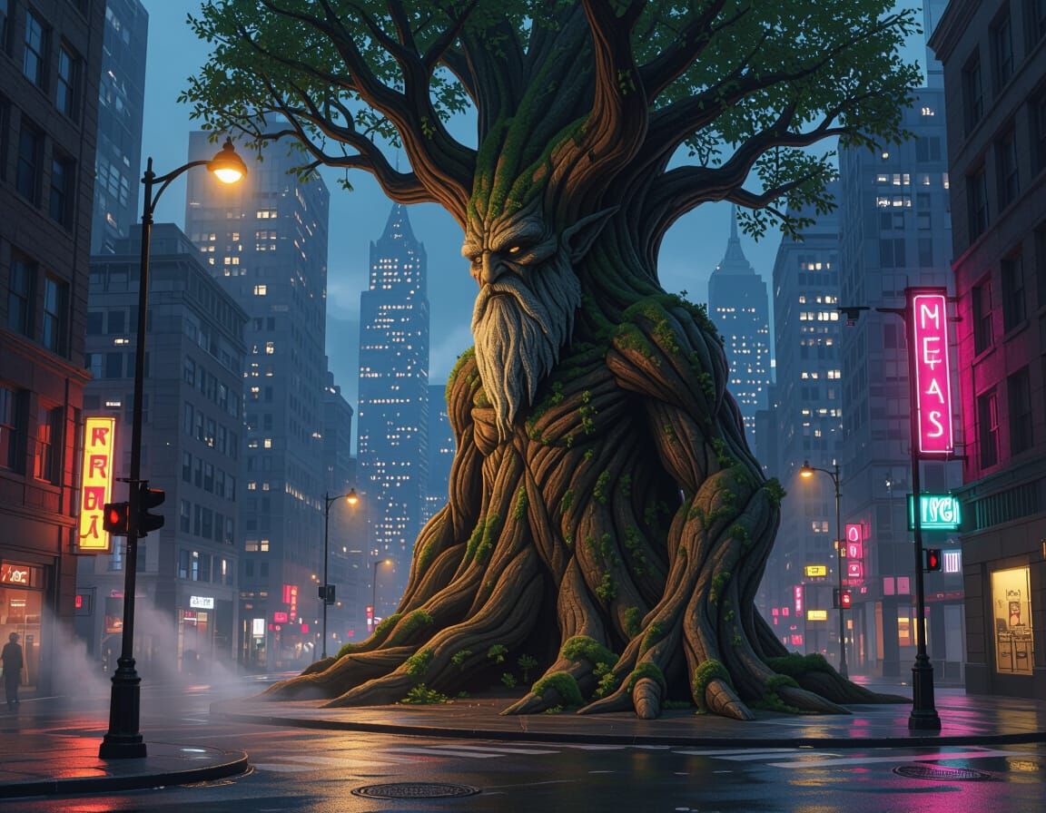 Ancient Treant in Cityscape, Fantasy Concept Art