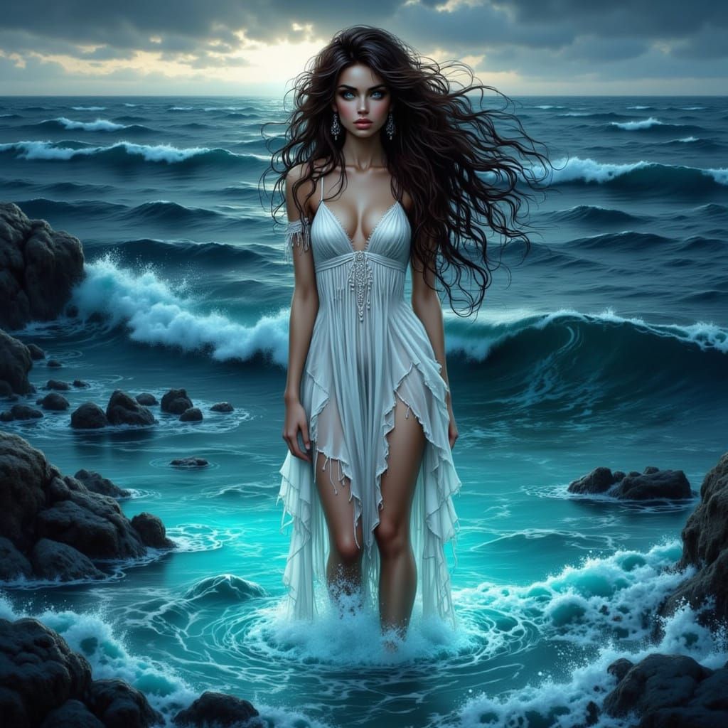 Woman in Bioluminescent Ocean, Rutkowski-Inspired Art