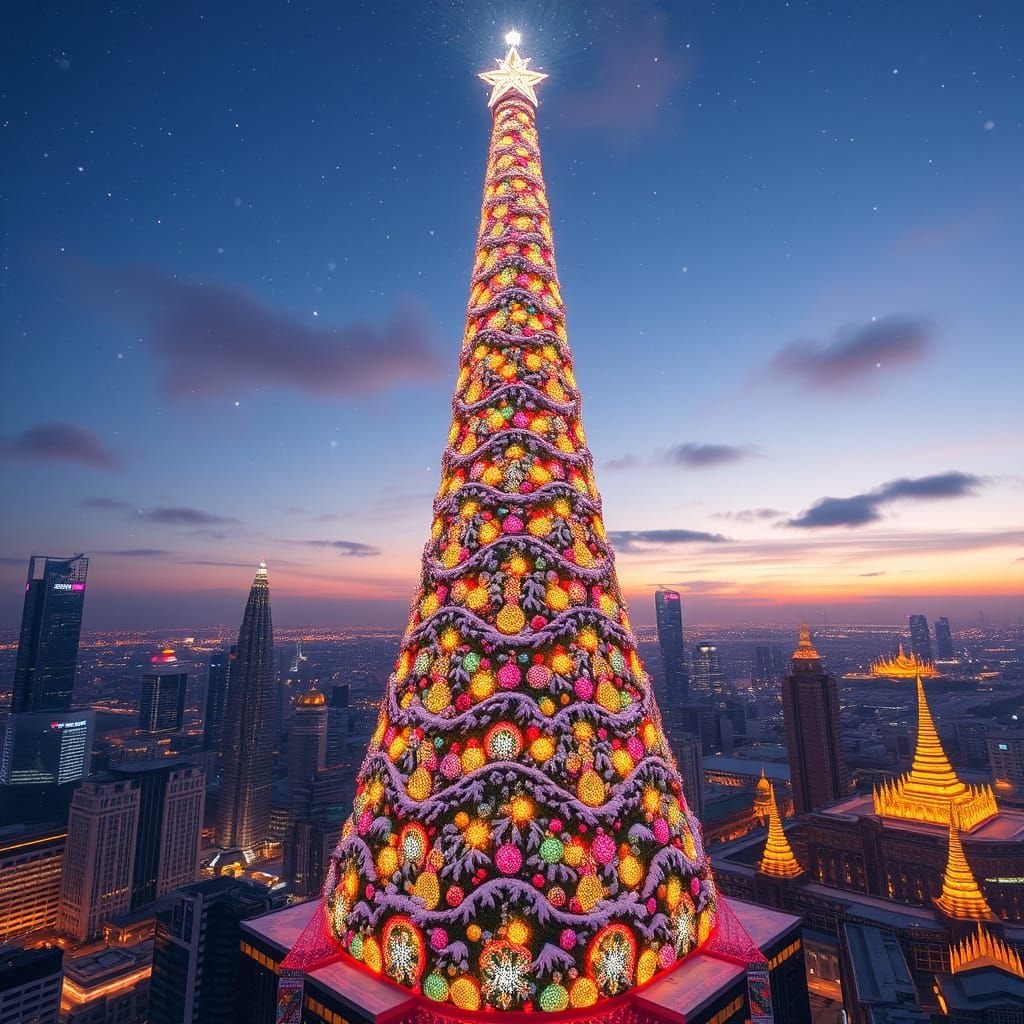 Surreal Siamese Christmas Tower in Cyberpunk Style