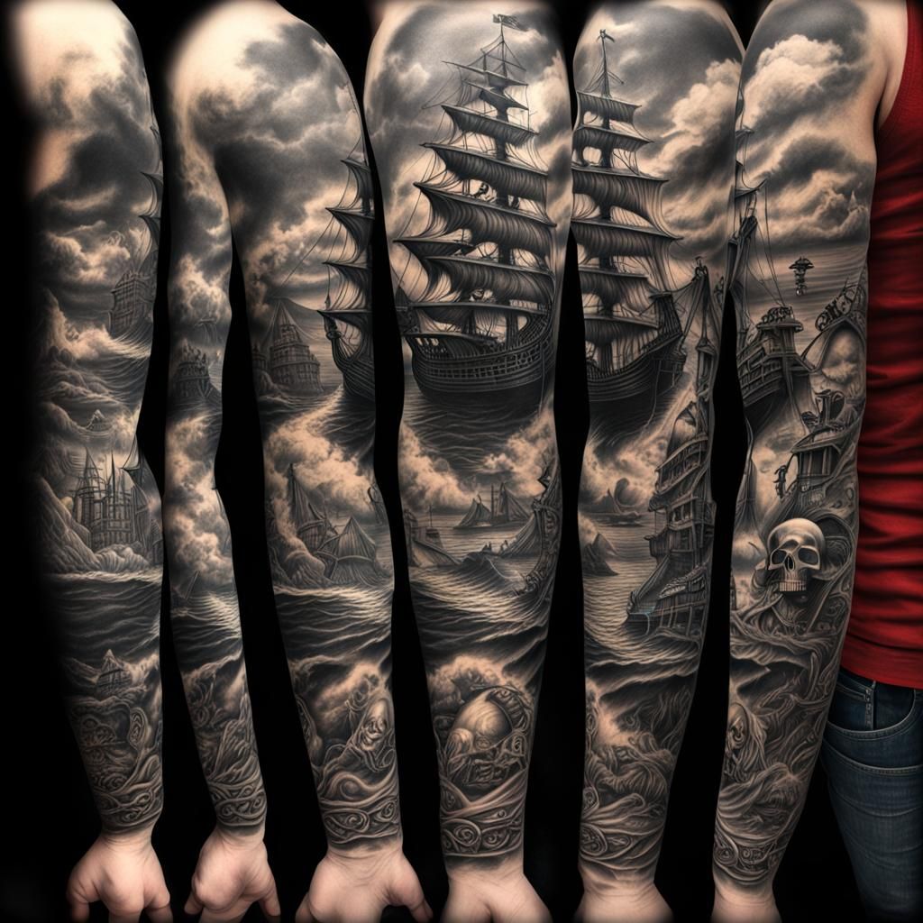 Pirate Arm Sleeve Tattoo Design in Charcoal
