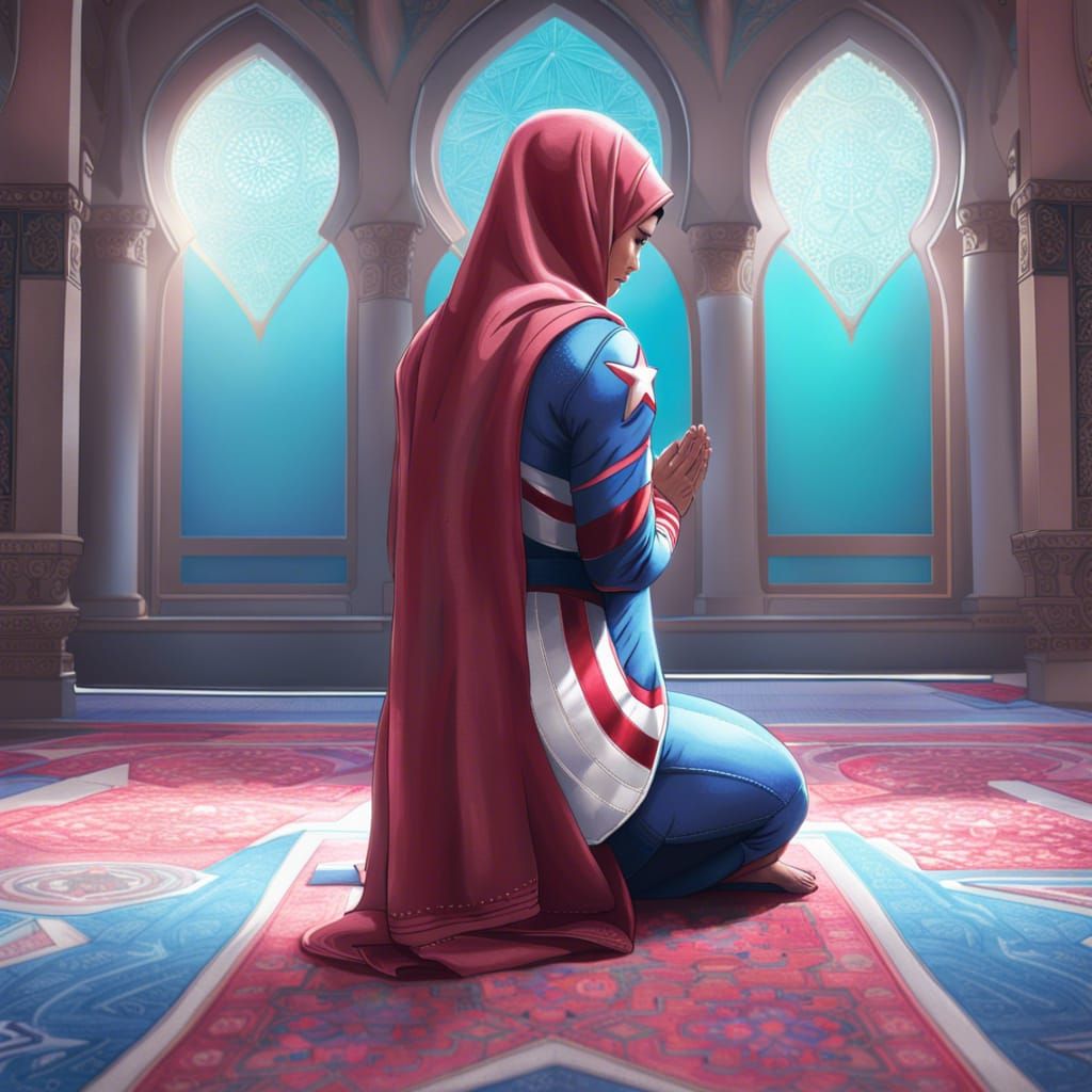 Female Captain America Praying in Mosque